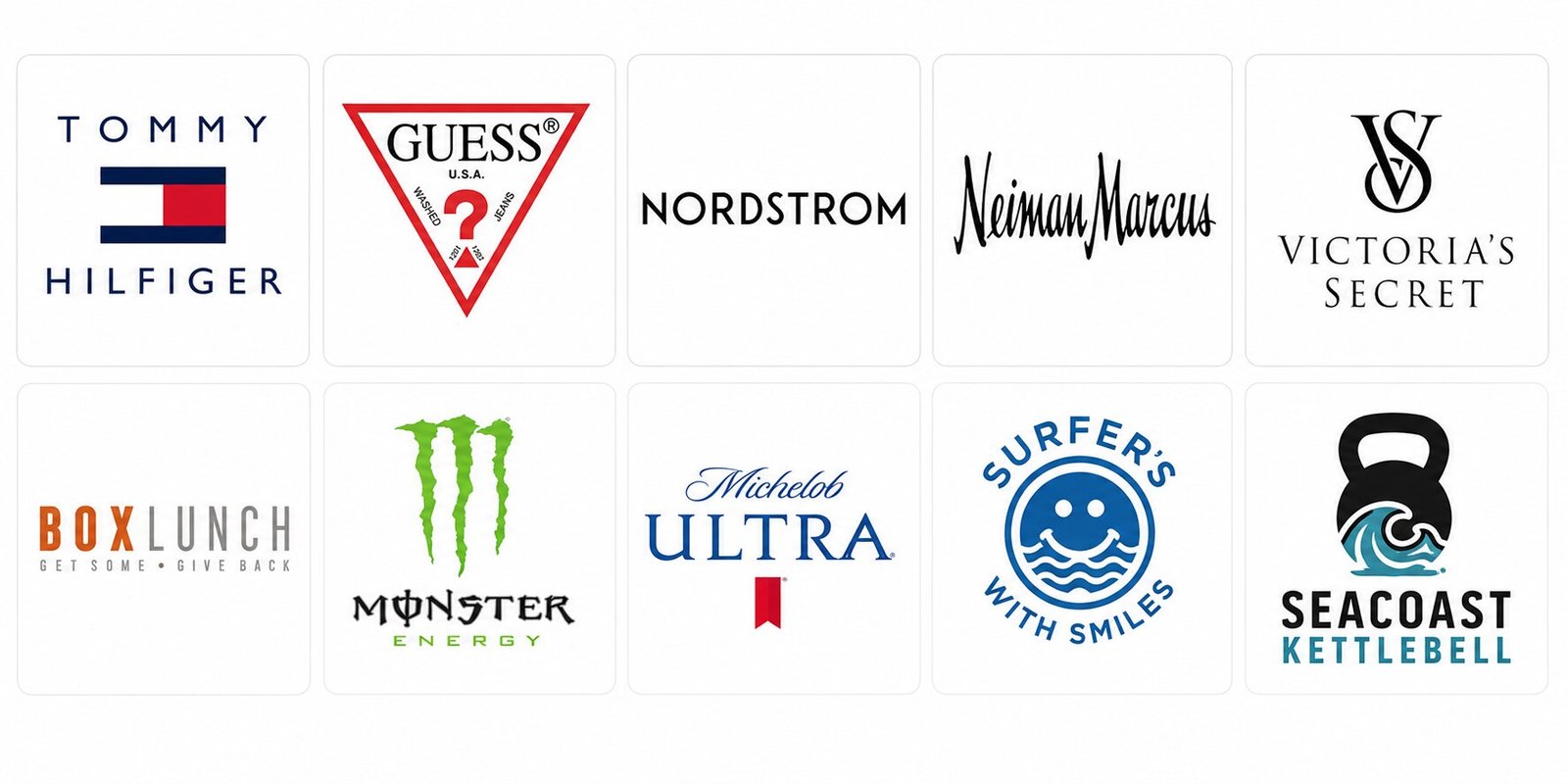 Logos of brands Seacoast DJ has worked events for via Scratch Events, LLC: Tommy Hilfiger, Guess, Nordstrom, Neiman Marcus, Victoria's Secret, BoxLunch, Monster Energy, Michelob Ultra, Surfing With Smiles, and Seacoast Kettlebell
